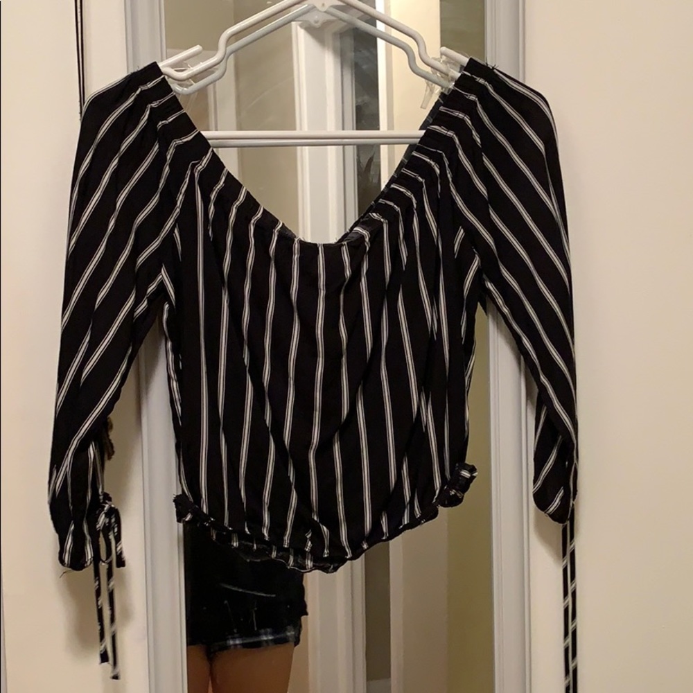 Black and white strips, off the shoulder crop top